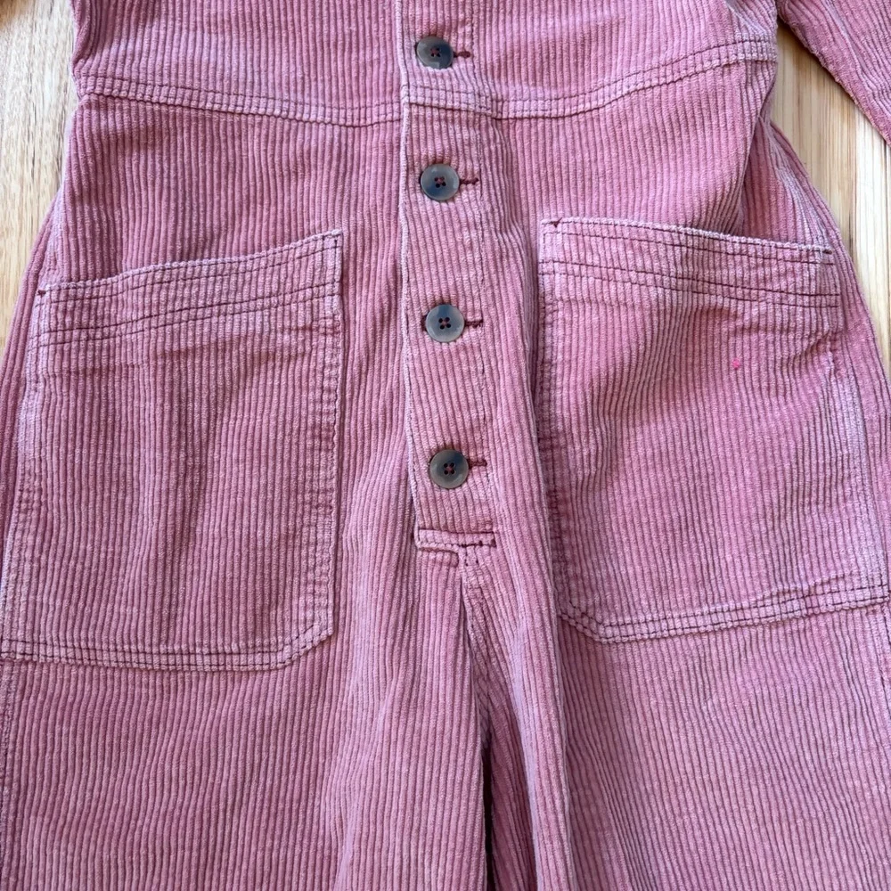 Free People Outpost Corduroy Muted Pink Button Front Long Sleeve Jumpsuit